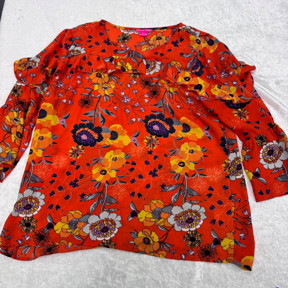 Sunny Leigh Blouse Womens XL Orange Floral Ruffle Bell Sleeve Round Neck Top - Picture 5 of 10